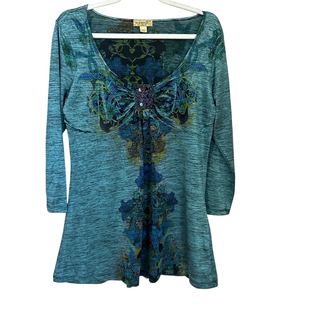 One World Womens Size M‎ Stretchy Tunic Top Beaded Artsy Fairy Boho Art to Wear